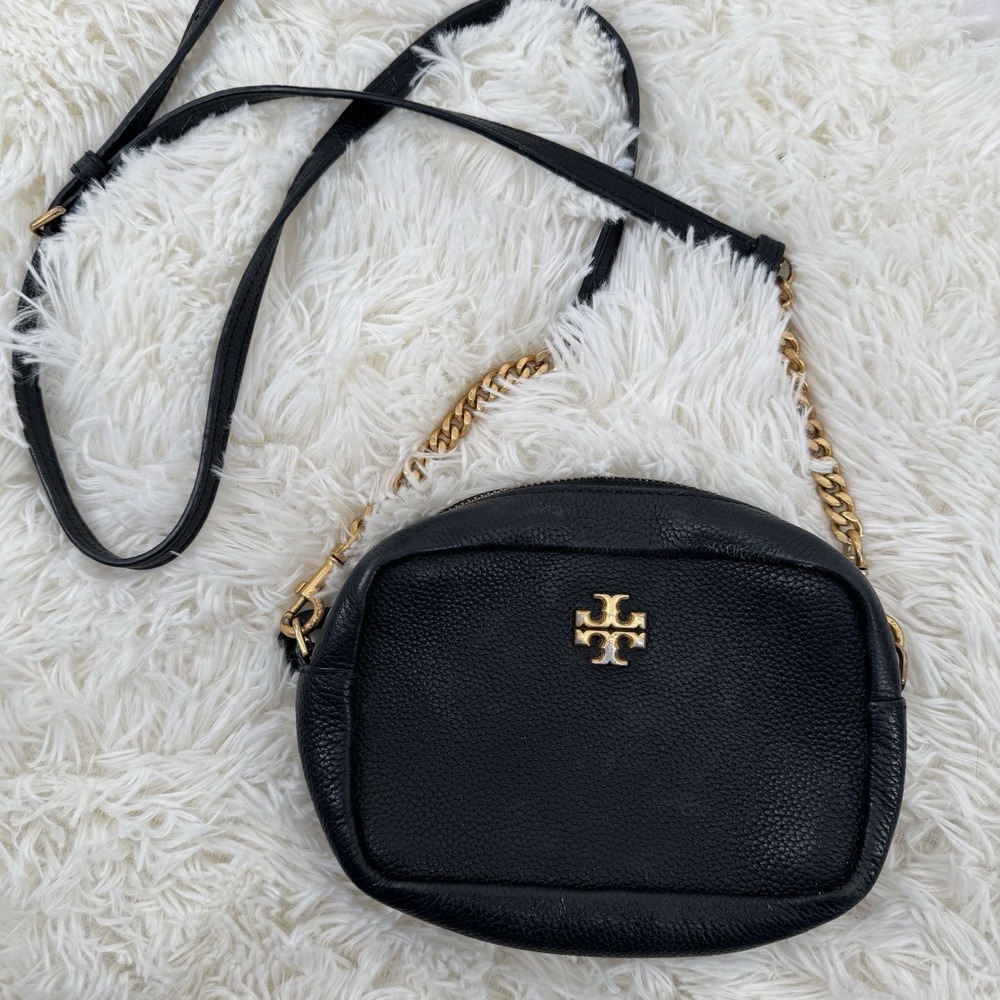 Tory Burch Crossbody Camera Bag Leather Black Gold Logo Chain Small Adjustable